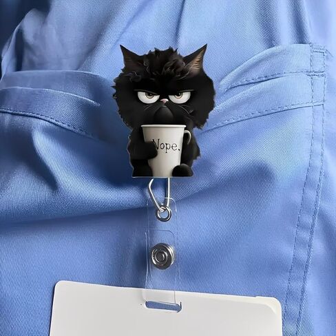 بكرة شارة أكريليك قابلة للسحب مع مشبك التمساح - قطة سوداء غاضبة تحمل كلا. Coffee Cup Badge Holder, Cute Cartoon Nurse ID Clip for Medical Workers/Office Staff/XPJ-01 in Kuwait