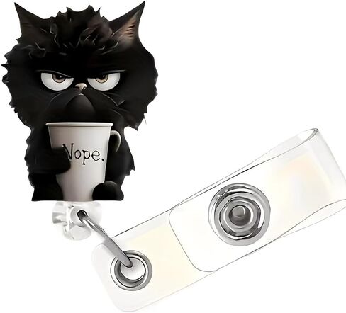 بكرة شارة أكريليك قابلة للسحب مع مشبك التمساح - قطة سوداء غاضبة تحمل كلا. Coffee Cup Badge Holder, Cute Cartoon Nurse ID Clip for Medical Workers/Office Staff/XPJ-01 in Kuwait