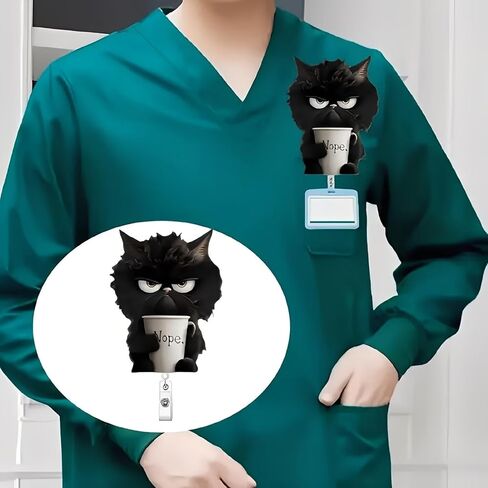 بكرة شارة أكريليك قابلة للسحب مع مشبك التمساح - قطة سوداء غاضبة تحمل كلا. Coffee Cup Badge Holder, Cute Cartoon Nurse ID Clip for Medical Workers/Office Staff/XPJ-01 in Kuwait