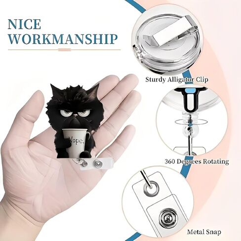 بكرة شارة أكريليك قابلة للسحب مع مشبك التمساح - قطة سوداء غاضبة تحمل كلا. Coffee Cup Badge Holder, Cute Cartoon Nurse ID Clip for Medical Workers/Office Staff/XPJ-01 in Kuwait