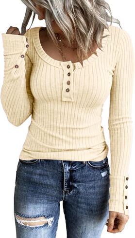 KINLONSAIR Women’s Long Sleeve Henley T Shirts Button Down Slim Fit Tops Scoop Neck Ribbed Knit Shirts in Kuwait