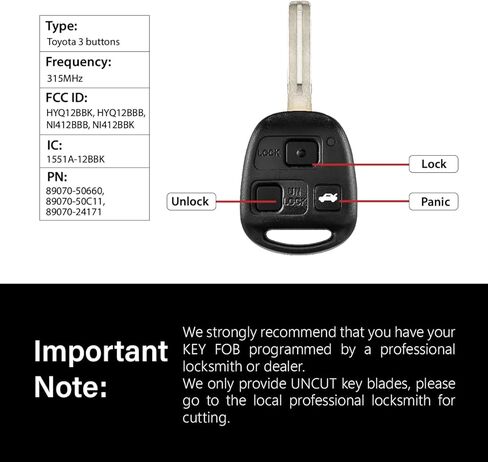 Replacement for 2001 2002 2003 2004 2005 2006 2007 2008 2009 2010 2011 Lexus ES330 LS430 SC430 Key Fob Remote Control HYQ12BBK 3 Buttons 315MHz in Saudi Arabia