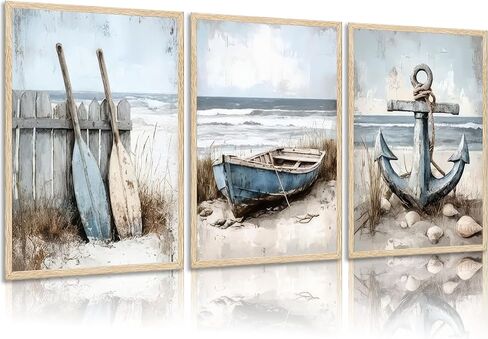 3Pcs Coastal Beach Canvas Wall Art Sailboat Paddle And Anchor Paintings Pictures Wall Decor Nautical Posters Prints Artwork Suitable for Living Room Bedroom Home Office Corridor Home Decroation in Saudi Arabia