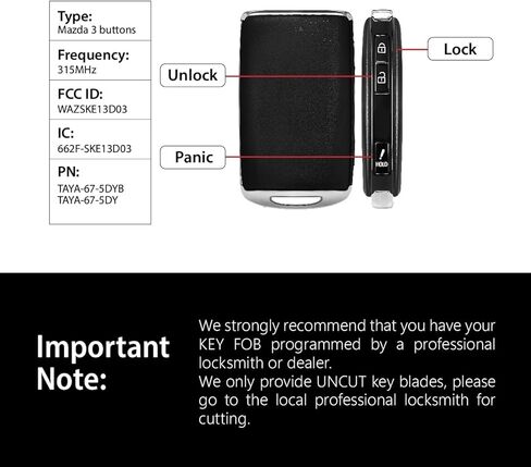 Replacement for 2019 2020 2021 2022 2023 Mazda CX-3 CX-5 CX-9 Key Fob Remote Control WAZSKE13D03 3 Buttons 315MHz in Saudi Arabia