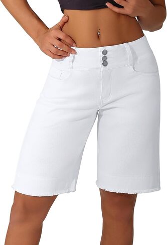 roswear Women's Stretchy Wide Leg High Waisted Frayed Hem Long Jean Shorts in Kuwait