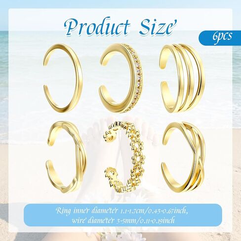 6PCS Toe Rings for Women, Adjustable Band Ring, Summer Beach Foot Jewelry Set Non Tarnish Toe-Rings Open Flower CZ Toe Ring Set Beach Foot Jewelry in Saudi Arabia