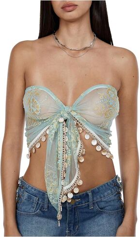 MakeMeChic Women's Sheer Lace Swimsuit Coverups Fringe Tie Front Tops Beach Crop Tube Tops in Saudi Arabia