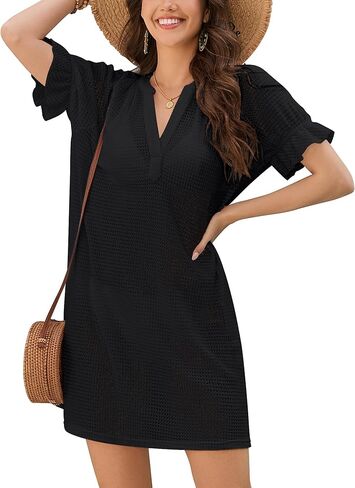 Bsubseach Swimsuit Coverup for Women Short Sleeve Waffle Knit Beach Dress Cover Ups with Pockets Vacation Outfits in Saudi Arabia