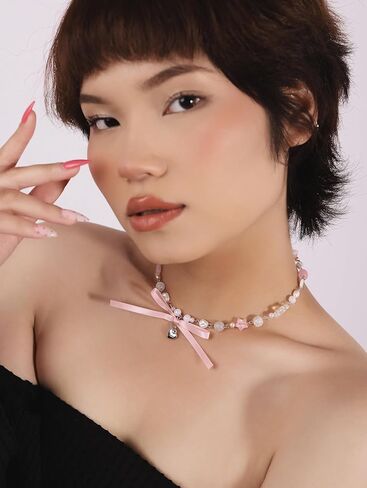 Y2K Kawaii Coquette القوس الوردي Cutecore الجمالية مطرز المختنق القلائد مجوهرات اكسسوارات للفتيات in Kuwait