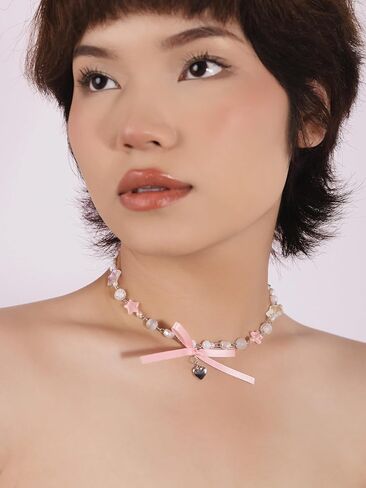 Y2K Kawaii Coquette القوس الوردي Cutecore الجمالية مطرز المختنق القلائد مجوهرات اكسسوارات للفتيات in Kuwait