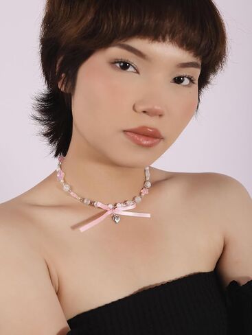 Y2K Kawaii Coquette القوس الوردي Cutecore الجمالية مطرز المختنق القلائد مجوهرات اكسسوارات للفتيات in Kuwait