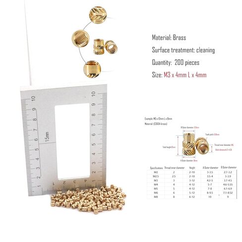 200pcs Threaded Inserts, M2.5 x 4mm L x 3.5mm Insert for 3D Printing Components, Metric Knurled Nuts, Brass(Yellow) in Kuwait
