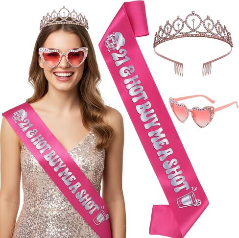 21st Birthday Sash for Women - 3Pcs 21 & Hot Buy Me a Shot Satin Sashes with Silver Foil, Tiara and Glasses Set, Girls 21st Birthday Night Party Accessories Twenty One Bday Favors in Kuwait