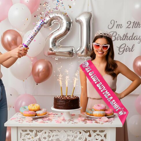 21st Birthday Sash for Women - 3Pcs 21 & Hot Buy Me a Shot Satin Sashes with Silver Foil, Tiara and Glasses Set, Girls 21st Birthday Night Party Accessories Twenty One Bday Favors in Kuwait