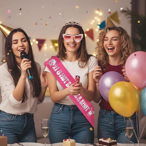 21st Birthday Sash for Women - 3Pcs 21 & Hot Buy Me a Shot Satin Sashes with Silver Foil, Tiara and Glasses Set, Girls 21st Birthday Night Party Accessories Twenty One Bday Favors in Kuwait