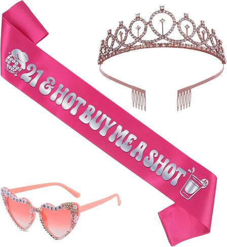21st Birthday Sash for Women - 3Pcs 21 & Hot Buy Me a Shot Satin Sashes with Silver Foil, Tiara and Glasses Set, Girls 21st Birthday Night Party Accessories Twenty One Bday Favors in Kuwait