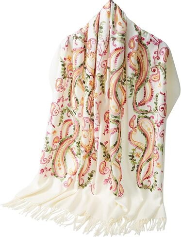 Embroidered Brushed Shawl Paisley Leaves Pattern Scarf Soft Ponchos Wrap Cape With Fringes in Saudi Arabia