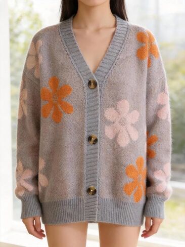 Women's Knitted Cardigan with Contrasting Floral Pattern, V-Neck, Loose and Breathable Design in Saudi Arabia