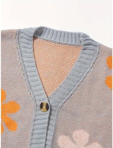 Women's Knitted Cardigan with Contrasting Floral Pattern, V-Neck, Loose and Breathable Design in Saudi Arabia