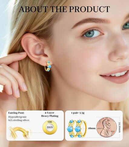 Opal Earrings for Women Gold Plated Hoop Earrings with Blue Opal Huggie with 925 Sterling Silver Post in Saudi Arabia