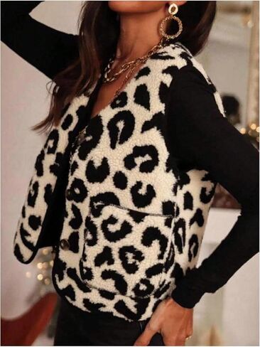 GORGLITTER Women's Leopard Sherpa Vest Fuzzy Vest Outerwear Trendy Fall Cheetah Fleece Sleeveless Old Money Coat Jacket in Saudi Arabia