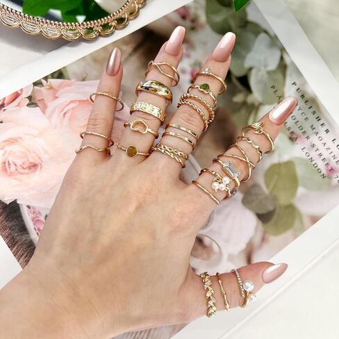 24 Pcs Gold Knuckle Rings Set for Women – Vintage Stackable Midi Rings with CZ Crystals, Twist, Hollow, and Dainty Designs – Adjustable Size Finger Rings Jewelry Gift in Kuwait