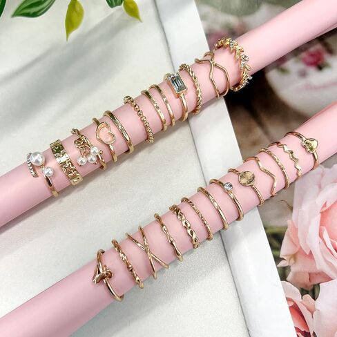 24 Pcs Gold Knuckle Rings Set for Women – Vintage Stackable Midi Rings with CZ Crystals, Twist, Hollow, and Dainty Designs – Adjustable Size Finger Rings Jewelry Gift in Kuwait