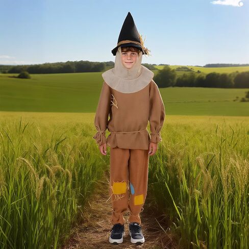 4PCS Scarecrow Costume Kids Scare Crow Outfit with Hat Shirt Pants Accessories Halloween Cosplay for Boys Girls in Saudi Arabia