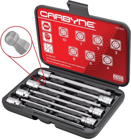 CARBYNE Torx Extra Long Bit Socket Set - 7 Pieces, (T-10 to T-40 Sizes), 3/8" Drive, S2 Steel Bits, CrV Sockets • From a Family-Run Tool Company Based in the U.S.A. in Saudi Arabia