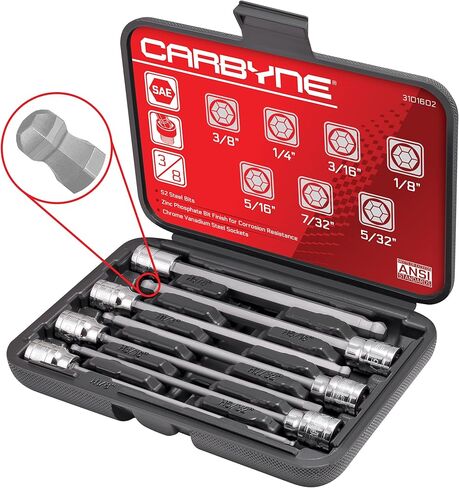 CARBYNE Torx Extra Long Bit Socket Set - 7 Pieces, (T-10 to T-40 Sizes), 3/8" Drive, S2 Steel Bits, CrV Sockets • From a Family-Run Tool Company Based in the U.S.A. in Saudi Arabia