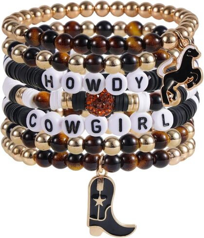 Cowgirl Beaded Bracelets, Stackable Western Country Beaded Stretch Bracelets with Cowgirl Hat and Boots Charms Y2K Style Boho Summer Beach Jewelry Accessories for Women in Saudi Arabia