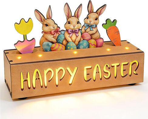 Happy Easter Decorations with LED Lights, Wooden Easter Decor Gifts for Table, Lighted Happy Easter Sign with Bunny, Carrots, Tulip and Easter Eggs, for Spring Mantel, Tiered Tray, Home Desk 8.6 inch in Saudi Arabia