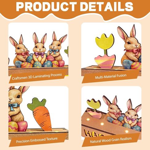 Happy Easter Decorations with LED Lights, Wooden Easter Decor Gifts for Table, Lighted Happy Easter Sign with Bunny, Carrots, Tulip and Easter Eggs, for Spring Mantel, Tiered Tray, Home Desk 8.6 inch in Saudi Arabia