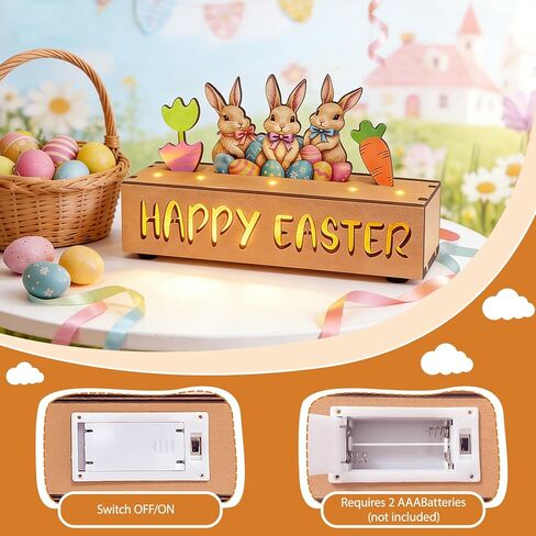 Happy Easter Decorations with LED Lights, Wooden Easter Decor Gifts for Table, Lighted Happy Easter Sign with Bunny, Carrots, Tulip and Easter Eggs, for Spring Mantel, Tiered Tray, Home Desk 8.6 inch in Saudi Arabia