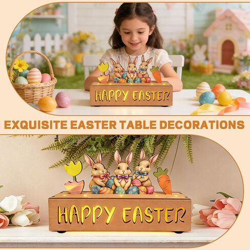 Happy Easter Decorations with LED Lights, Wooden Easter Decor Gifts for Table, Lighted Happy Easter Sign with Bunny, Carrots, Tulip and Easter Eggs, for Spring Mantel, Tiered Tray, Home Desk 8.6 inch in Saudi Arabia