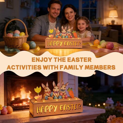 Happy Easter Decorations with LED Lights, Wooden Easter Decor Gifts for Table, Lighted Happy Easter Sign with Bunny, Carrots, Tulip and Easter Eggs, for Spring Mantel, Tiered Tray, Home Desk 8.6 inch in Saudi Arabia
