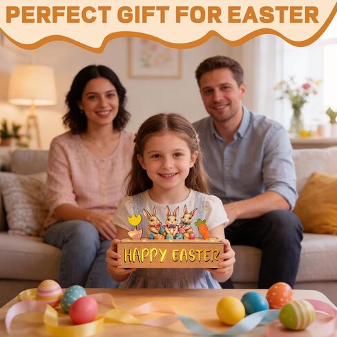 Happy Easter Decorations with LED Lights, Wooden Easter Decor Gifts for Table, Lighted Happy Easter Sign with Bunny, Carrots, Tulip and Easter Eggs, for Spring Mantel, Tiered Tray, Home Desk 8.6 inch in Saudi Arabia