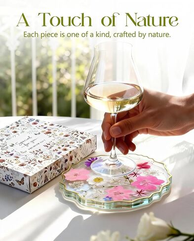 Oqplog Resin Drink Coaster for Desk Coffee Table-Pink White Cute Dried Flowers Cup Coaster for Work Office Home Outdoor Decor Gifts for Girls Women,1 Pcs Wave in Kuwait