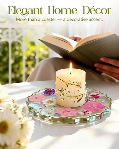 Oqplog Resin Drink Coaster for Desk Coffee Table-Pink White Cute Dried Flowers Cup Coaster for Work Office Home Outdoor Decor Gifts for Girls Women,1 Pcs Wave in Kuwait