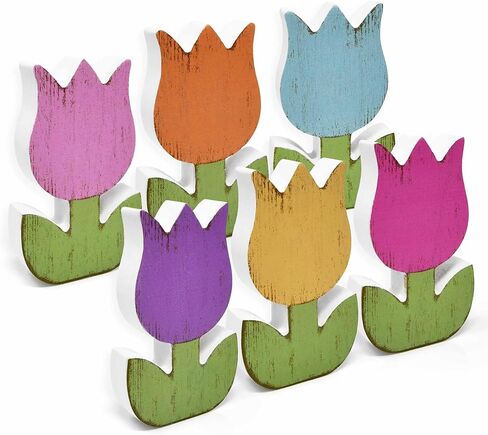 Gift Boutique 6Pcs Spring Tulip Wooden Signs Rustic Farmhouse Flower Table Decorations, Floral Tiered Tray Centerpieces, Tulips Flower Block Tabletop Home Decor in Saudi Arabia