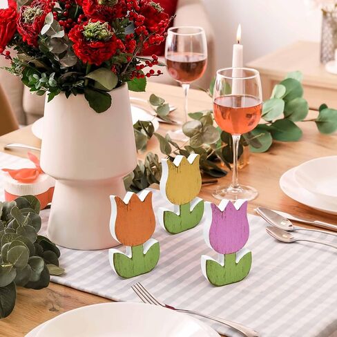 Gift Boutique 6Pcs Spring Tulip Wooden Signs Rustic Farmhouse Flower Table Decorations, Floral Tiered Tray Centerpieces, Tulips Flower Block Tabletop Home Decor in Saudi Arabia