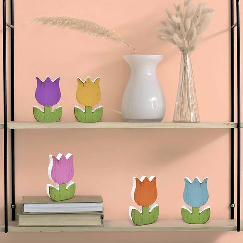 Gift Boutique 6Pcs Spring Tulip Wooden Signs Rustic Farmhouse Flower Table Decorations, Floral Tiered Tray Centerpieces, Tulips Flower Block Tabletop Home Decor in Saudi Arabia