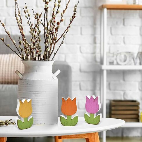 Gift Boutique 6Pcs Spring Tulip Wooden Signs Rustic Farmhouse Flower Table Decorations, Floral Tiered Tray Centerpieces, Tulips Flower Block Tabletop Home Decor in Saudi Arabia