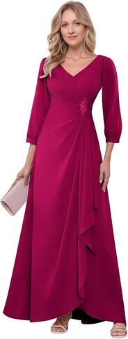 Women’s Chiffon Mother of The Bride Dresses for Wedding 3/4 Sleeve Lace Pleated Ruched V Neck Formal Evening Gown in Kuwait