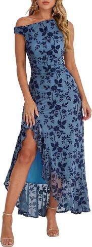 Caracilia Womens Summer Off Shoulder Formal Dress Floral Mesh Bodycon Ruched Split Cocktail Wedding Guest Party Maxi Dresses in Kuwait