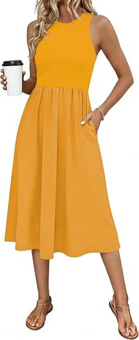 Naggoo فستان نسائي بدون أكمام صيفي غير رسمي فستان الشمس المتدفق متماسكة تانك توب Racerback فساتين متوسطة الطول جيوب in Kuwait