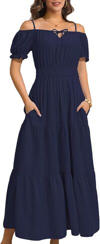 فساتين نسائية صيفية كاجوال طويلة بدون أكتاف فستان صيفي بأكمام منتفخة للشاطئ فستان طويل للشمس in Kuwait