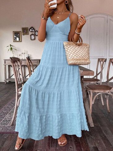 Narecte Women’s Spaghetti Strap Bow Tie Back Maxi Dress, Flowy Boho Beach Vacation Summer Sundress in Saudi Arabia