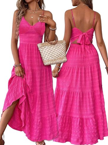 Narecte Women’s Spaghetti Strap Bow Tie Back Maxi Dress, Flowy Boho Beach Vacation Summer Sundress in Saudi Arabia