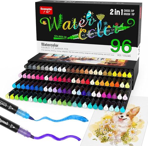 مجموعة أقلام ألوان مائية احترافية من DICEKOO مكونة من 96 لونًا ذات طرف مزدوج، وأقلام تحديد برأس فرشاة وإزميل، وحبر مائي، وعديم الرائحة ومقاوم للماء، ويمكن مزجها بسهولة، وحيوية، وناعمة، ومستلزمات فنية احترافية in Kuwait